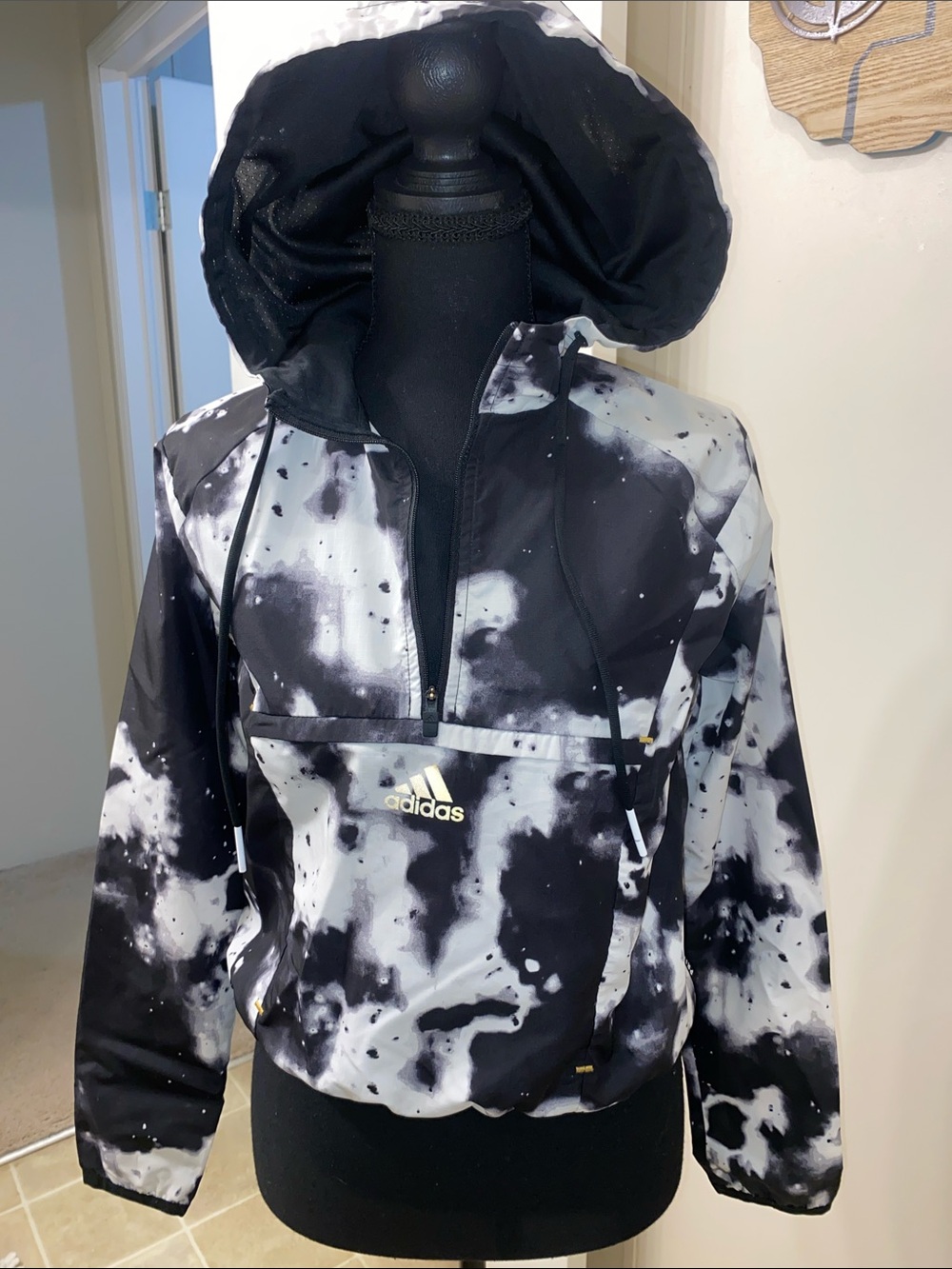 adidas Black & White Tie-Dye Half-Zip Hooded Training jacket/windbreaker